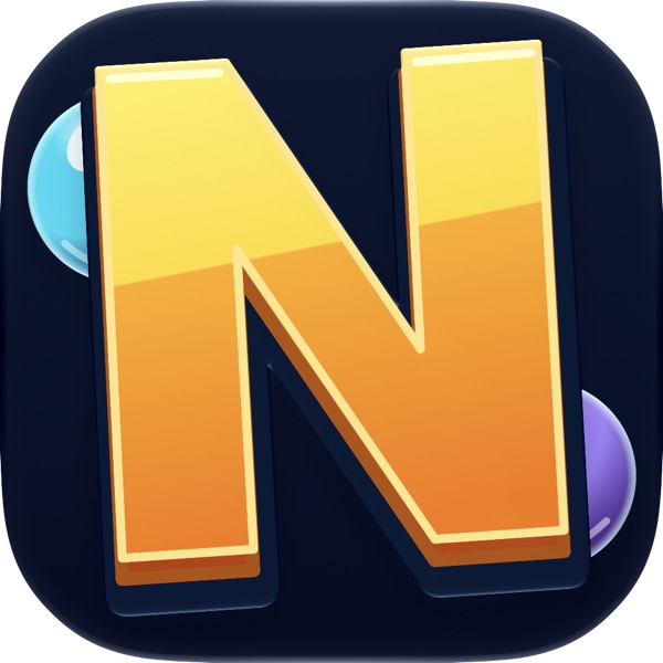 NumMerge app icon: a golden N with cyan and purple balls
